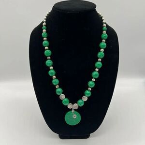 Handmade Faux Malachite Polymer Clay and Silver tone Bead Artisan Boho necklace